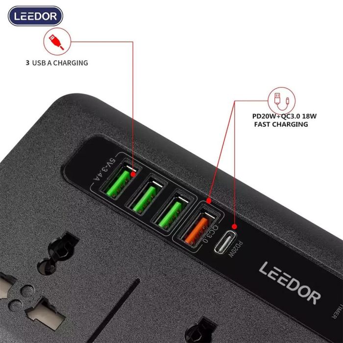 LEEDOR LD-401PD Extension Sockets - 3 Way / 2 Meters / 4x USB Ports / 1 x USB Type-C / Black