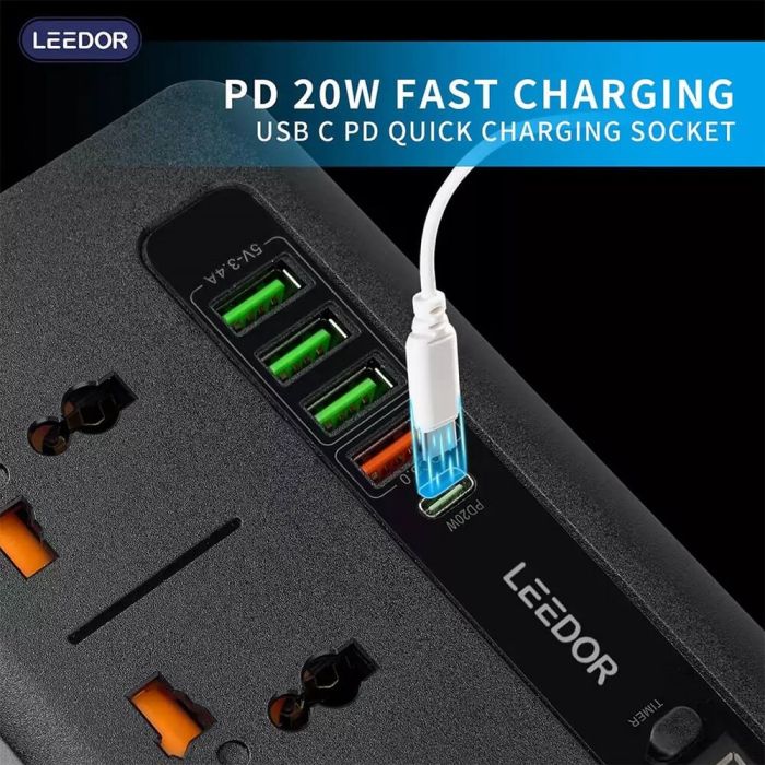 LEEDOR LD-401PD Extension Sockets - 3 Way / 2 Meters / 4x USB Ports / 1 x USB Type-C / Black
