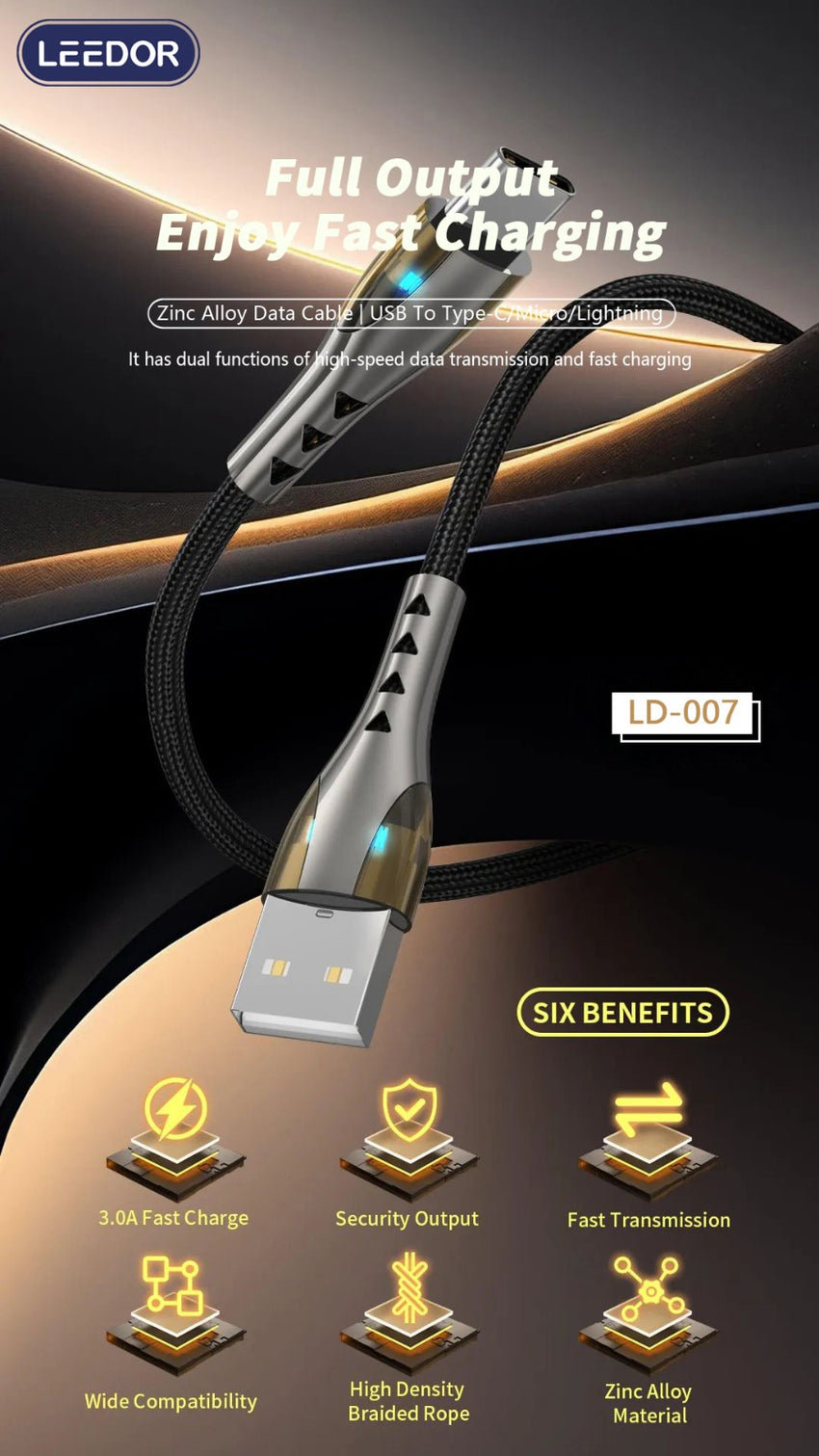 LEEDOR LD-007L Data Cable - 1 Meter / USB-A to Lightening - Black