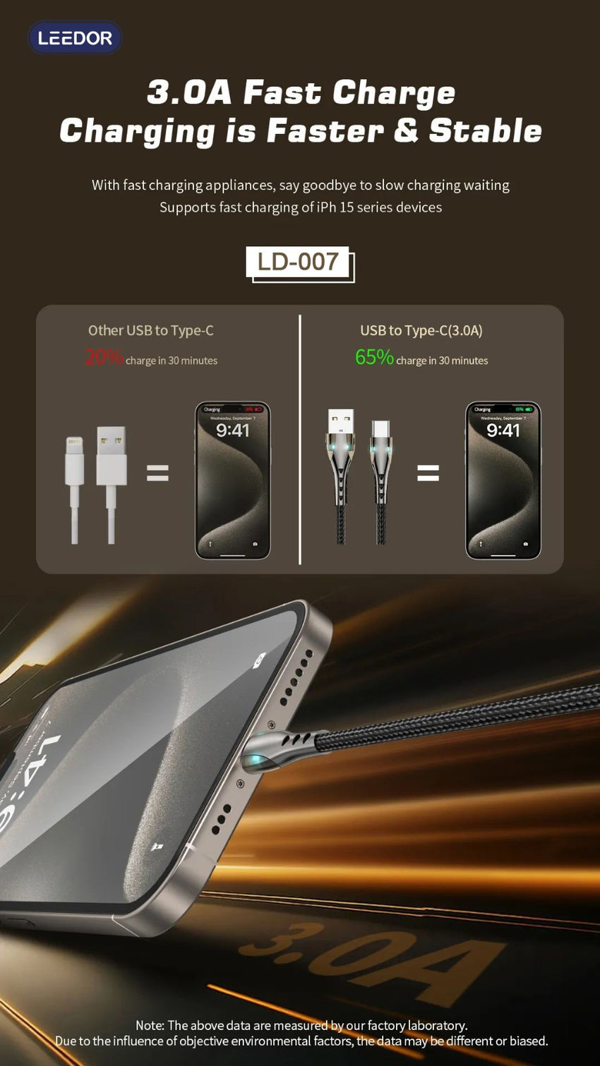 LEEDOR LD-007L Data Cable - 1 Meter / USB-A to Lightening - Black