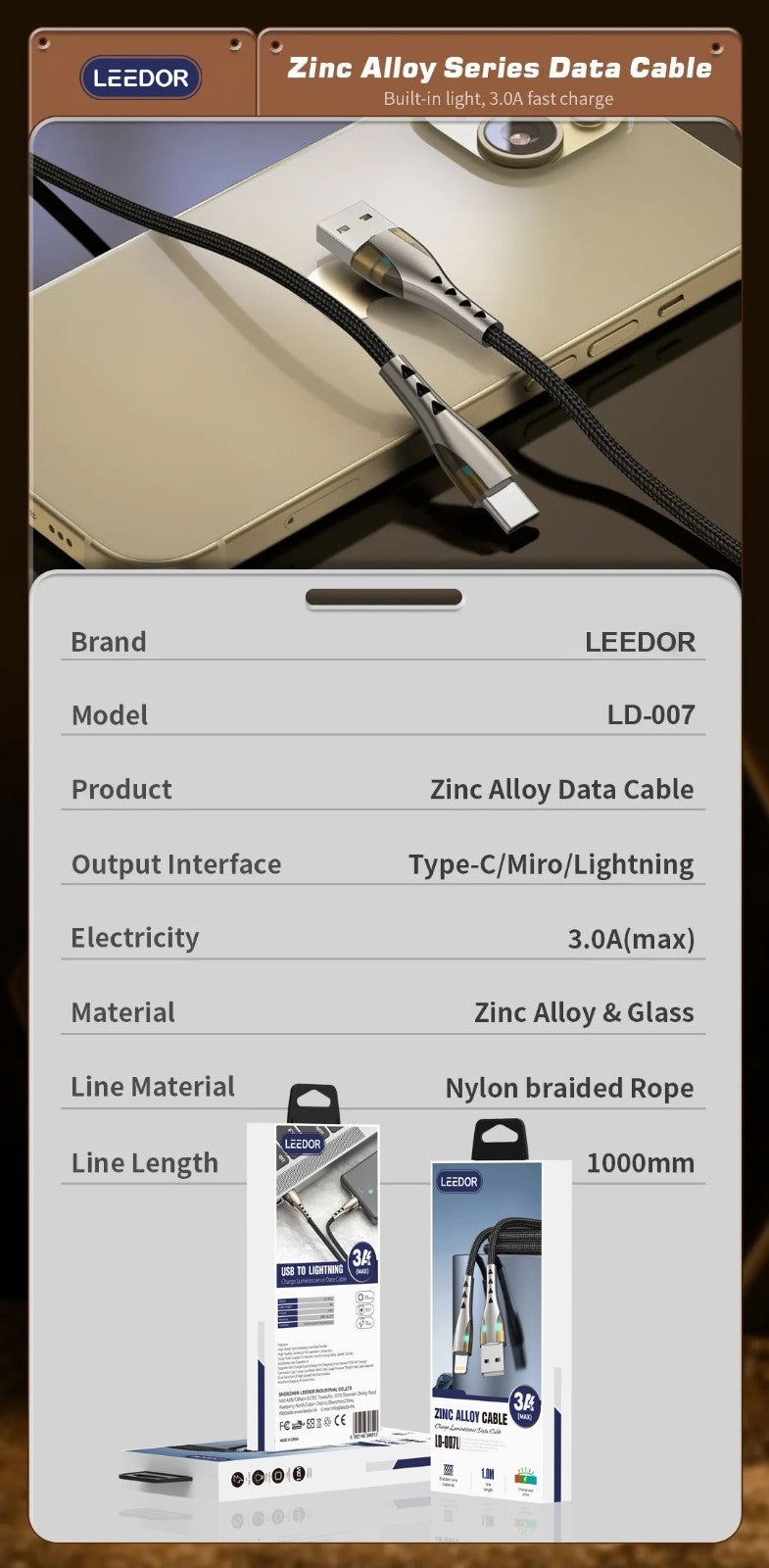 LEEDOR LD-007L Data Cable - 1 Meter / USB-A to Lightening - Black