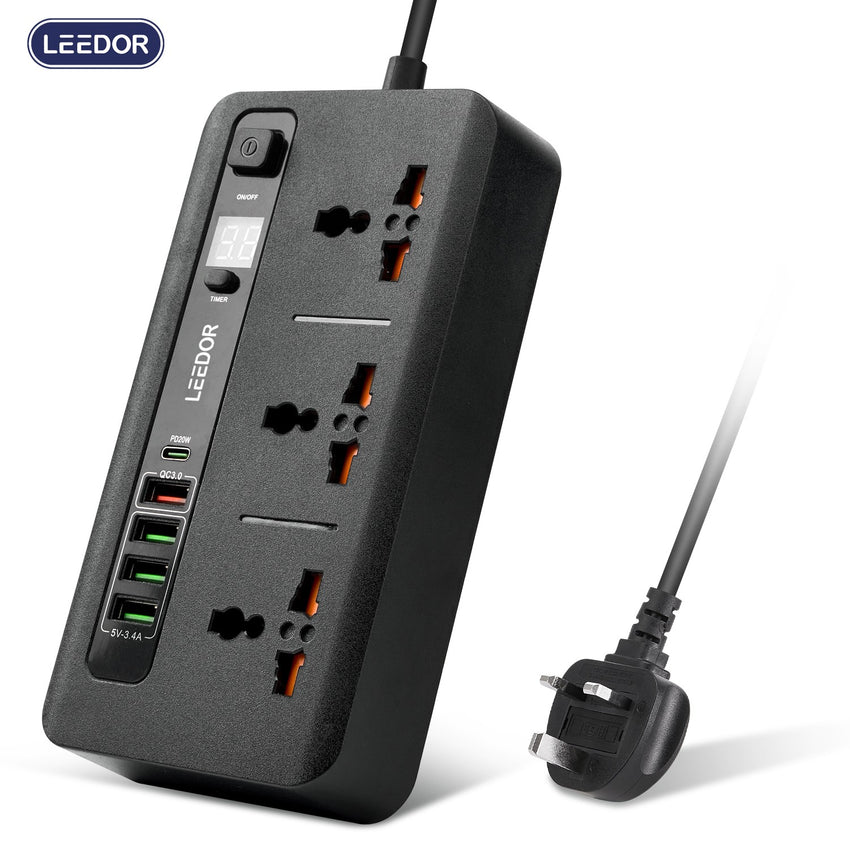 LEEDOR LD-401PD Extension Sockets - 3 Way / 2 Meters / 4x USB Ports / 1 x USB Type-C / Black