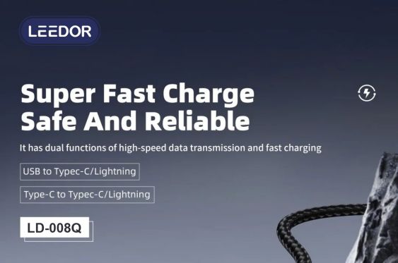 LEEDOR LD-008Q 4-in-1 Fast Charging data Cable - 100W / 1.2 Meter / USB-C / Lightning / USB-A - Black