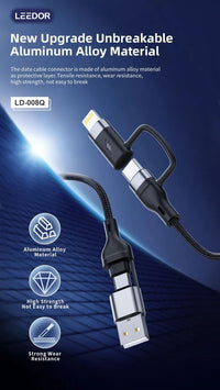 LEEDOR LD-008Q 4-in-1 Fast Charging data Cable - 100W / 1.2 Meter / USB-C / Lightning / USB-A - Black