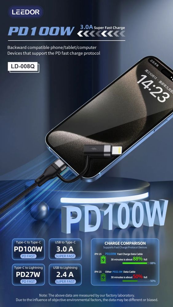 LEEDOR LD-008Q 4-in-1 Fast Charging data Cable - 100W / 1.2 Meter / USB-C / Lightning / USB-A - Black