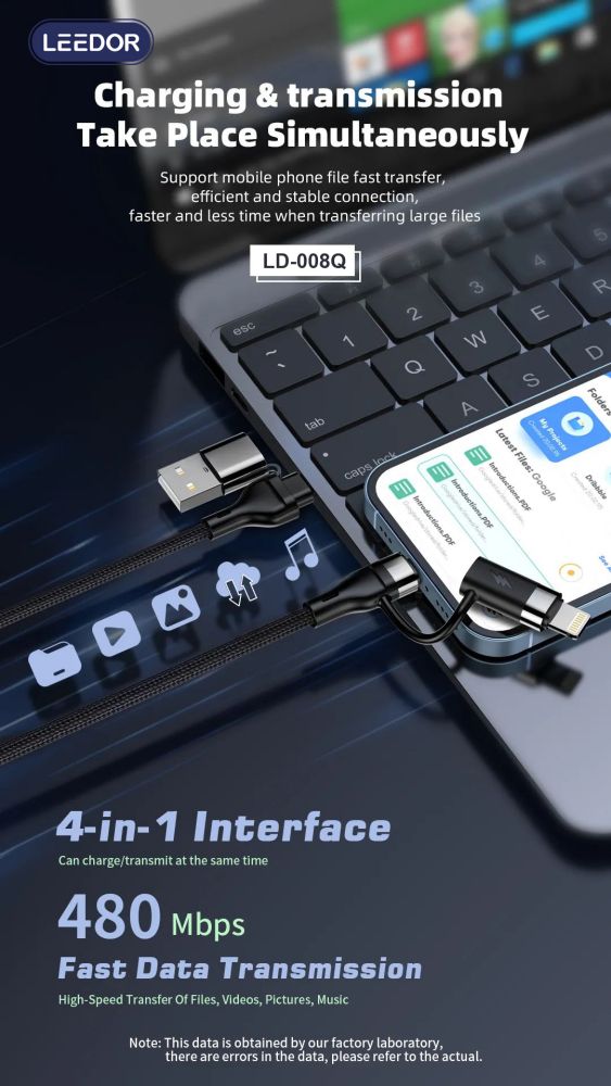 LEEDOR LD-008Q 4-in-1 Fast Charging data Cable - 100W / 1.2 Meter / USB-C / Lightning / USB-A - Black
