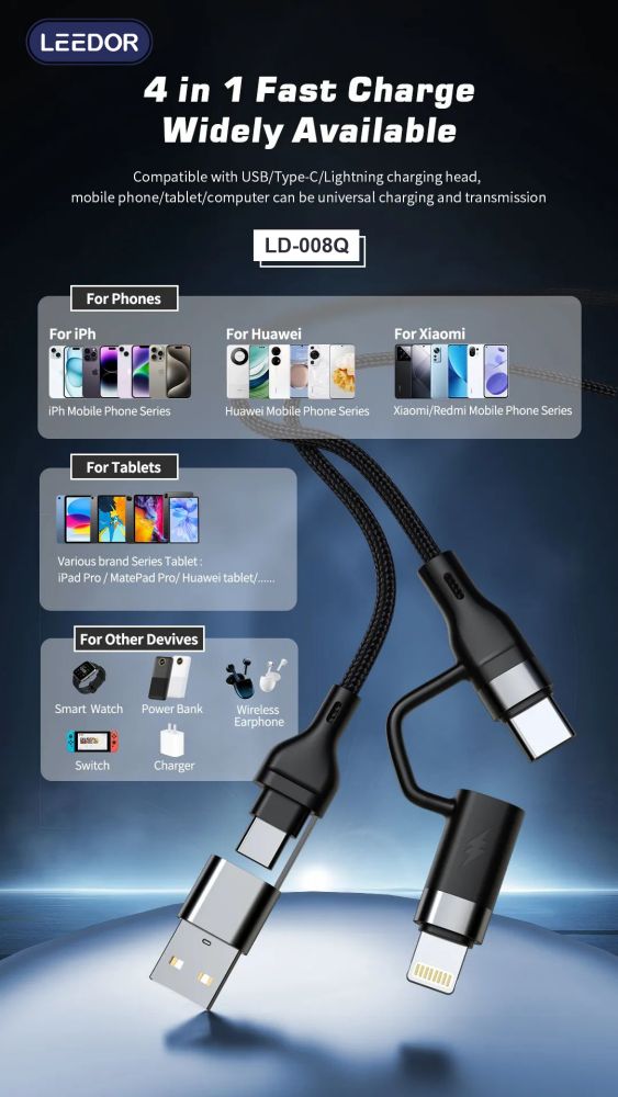 LEEDOR LD-008Q 4-in-1 Fast Charging data Cable - 100W / 1.2 Meter / USB-C / Lightning / USB-A - Black