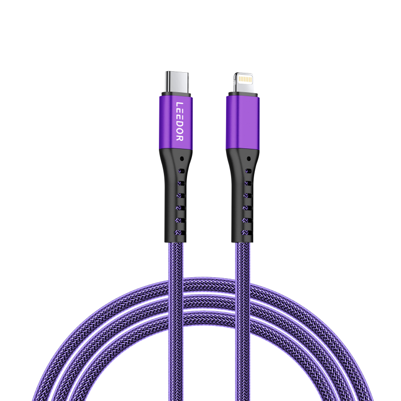 LEEDOR Nylon 3A Fast Charge USB-C to Lightning Data Cable - 1.2M / 27W / Purple / Black