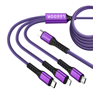 LEEDOR LD-009Q 3-in-1 Fast Charging data Cable - 60W / 1.5 Meter / Type-C / Lightning / Micro USB / Black / PURPLE