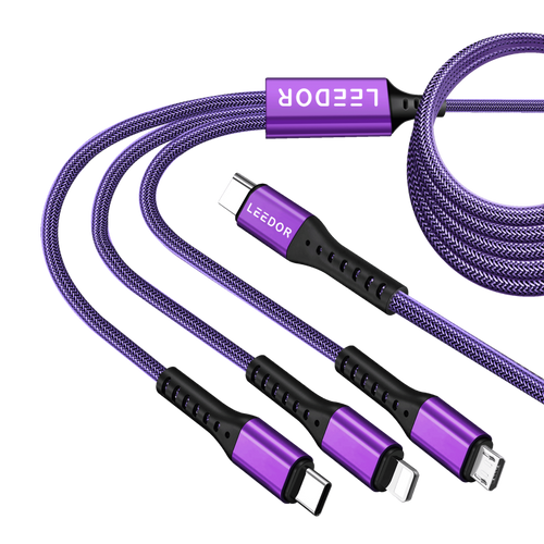 LEEDOR LD-009Q 3-in-1 Fast Charging data Cable - 60W / 1.5 Meter / Type-C / Lightning / Micro USB / Black / PURPLE