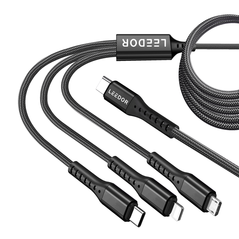 LEEDOR LD-009Q 3-in-1 Fast Charging data Cable - 60W / 1.5 Meter / Type-C / Lightning / Micro USB / Black / PURPLE