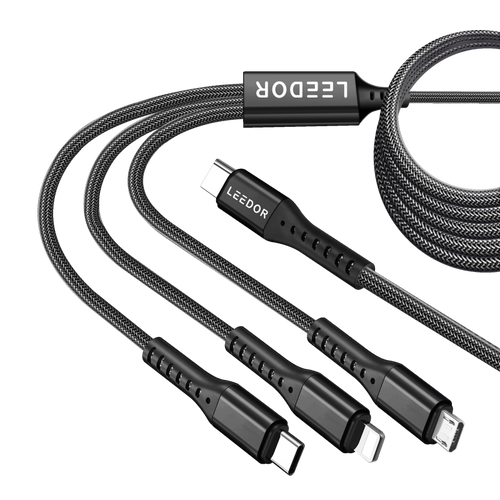 LEEDOR LD-009Q 3-in-1 Fast Charging data Cable - 60W / 3 Meter / Type-C / Lightning / Micro USB / Black / PURPLE