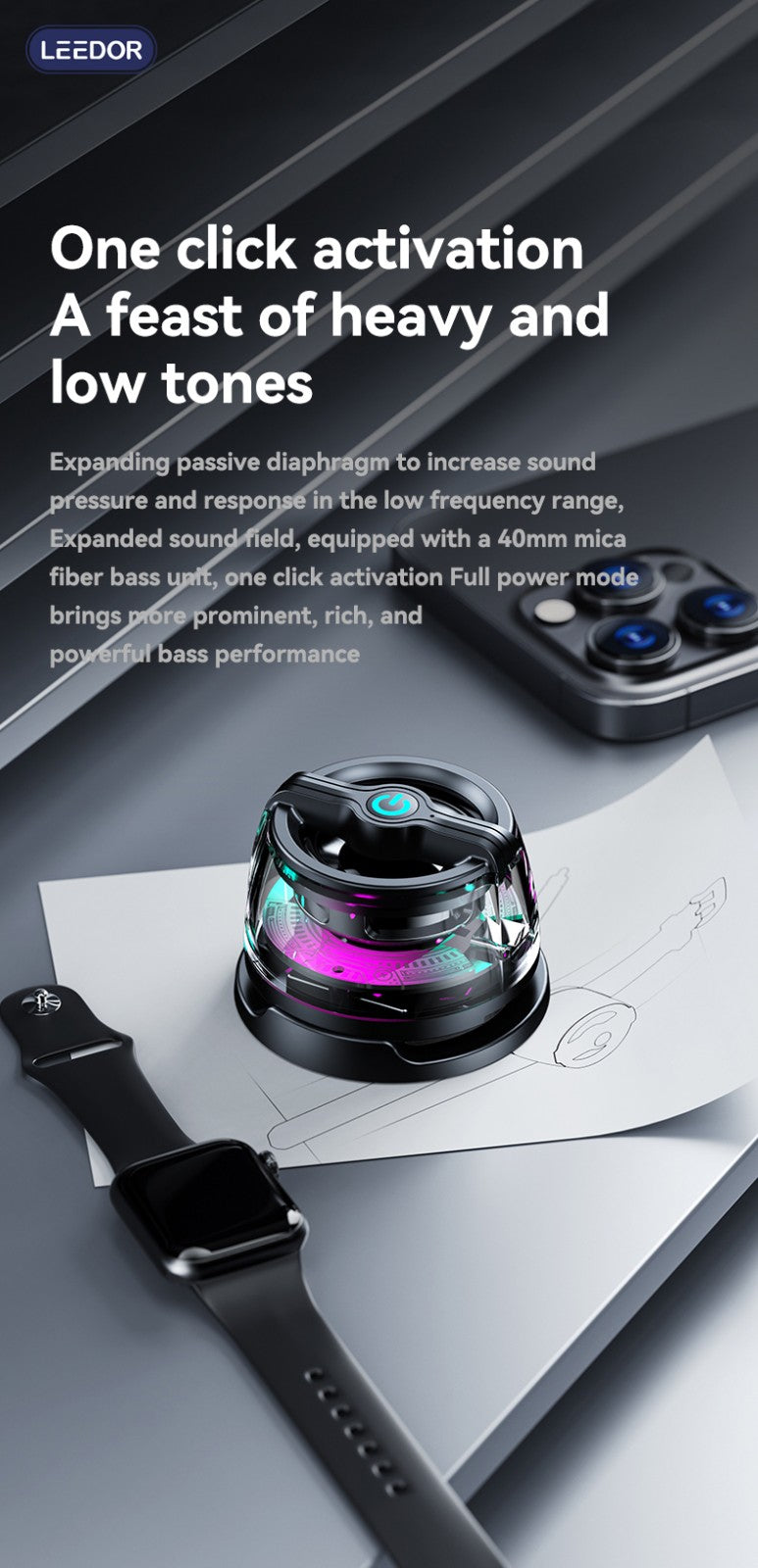 LEEDOR Magnetic Mobile Phone Stand Mini Speaker - 5W / Bluetooth / Black
