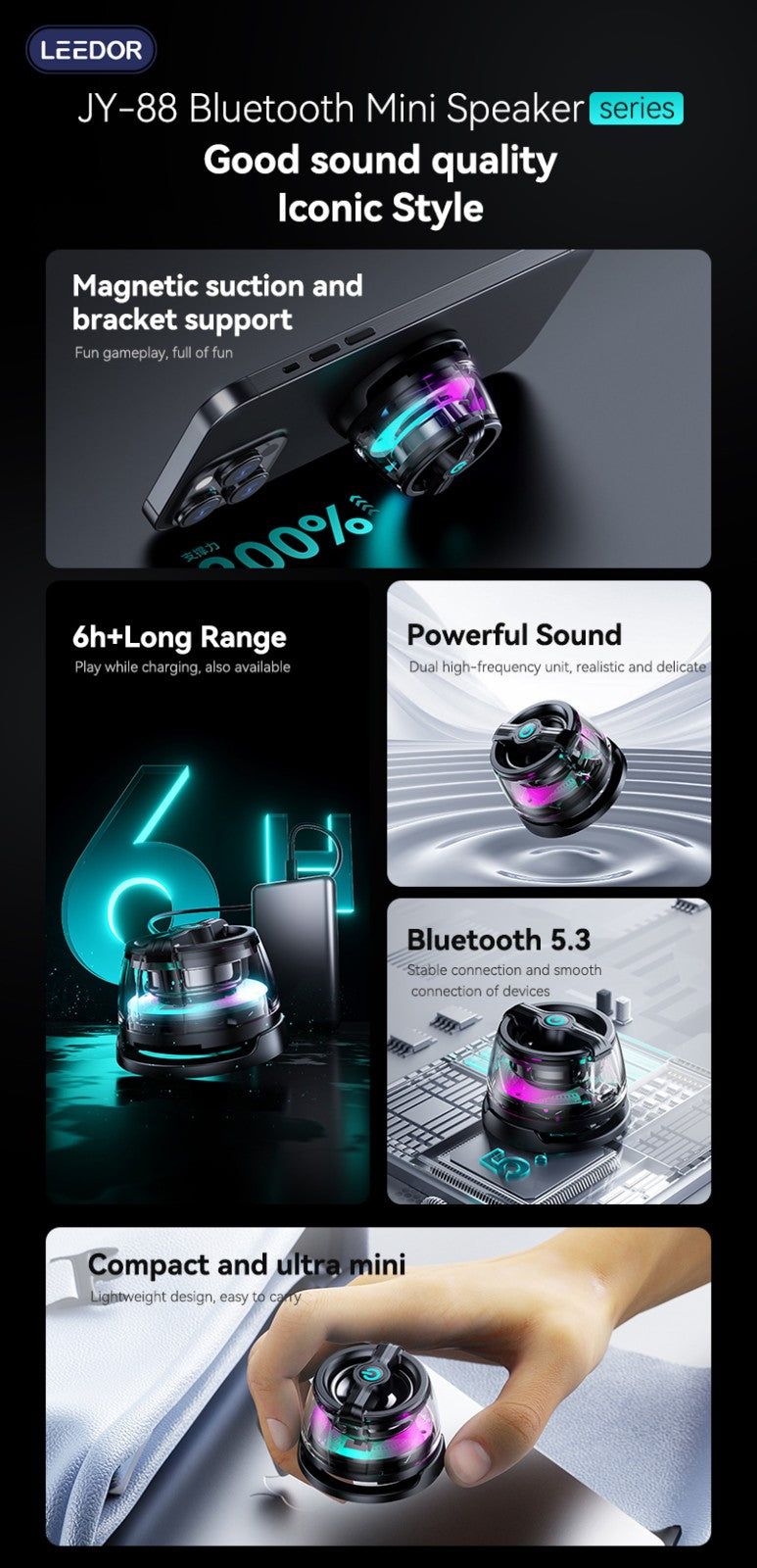 LEEDOR Magnetic Mobile Phone Stand Mini Speaker - 5W / Bluetooth / Black