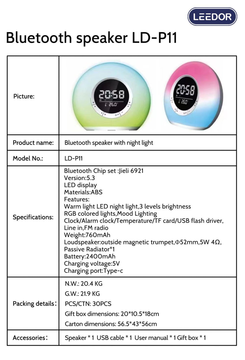 LEEDOR Wireless Speaker With Digital Clock - Bluetooth / 2400mAh - White