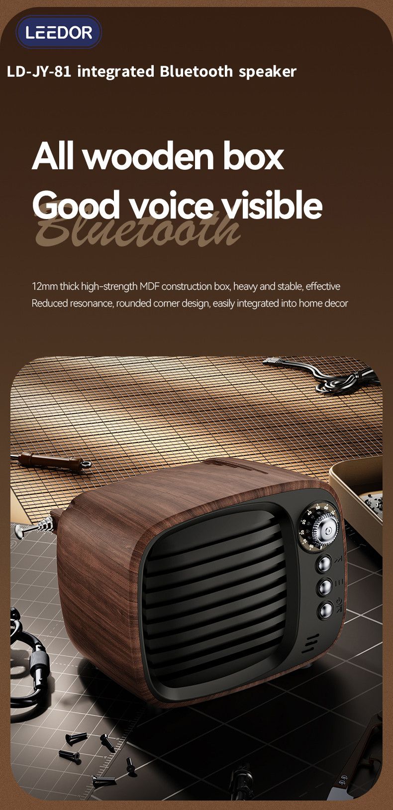 LEEDOR Mini Wood Wireless Speaker - 5W / Bluetooth / Black / Brown