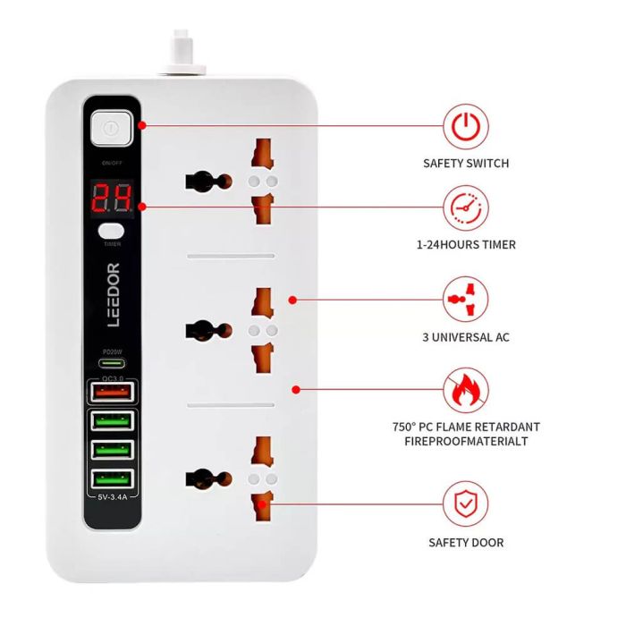 LEEDOR LD-401PD Extension Sockets - 3 Way / 2 Meters / 4x USB Ports / 1 x USB Type-C / Black