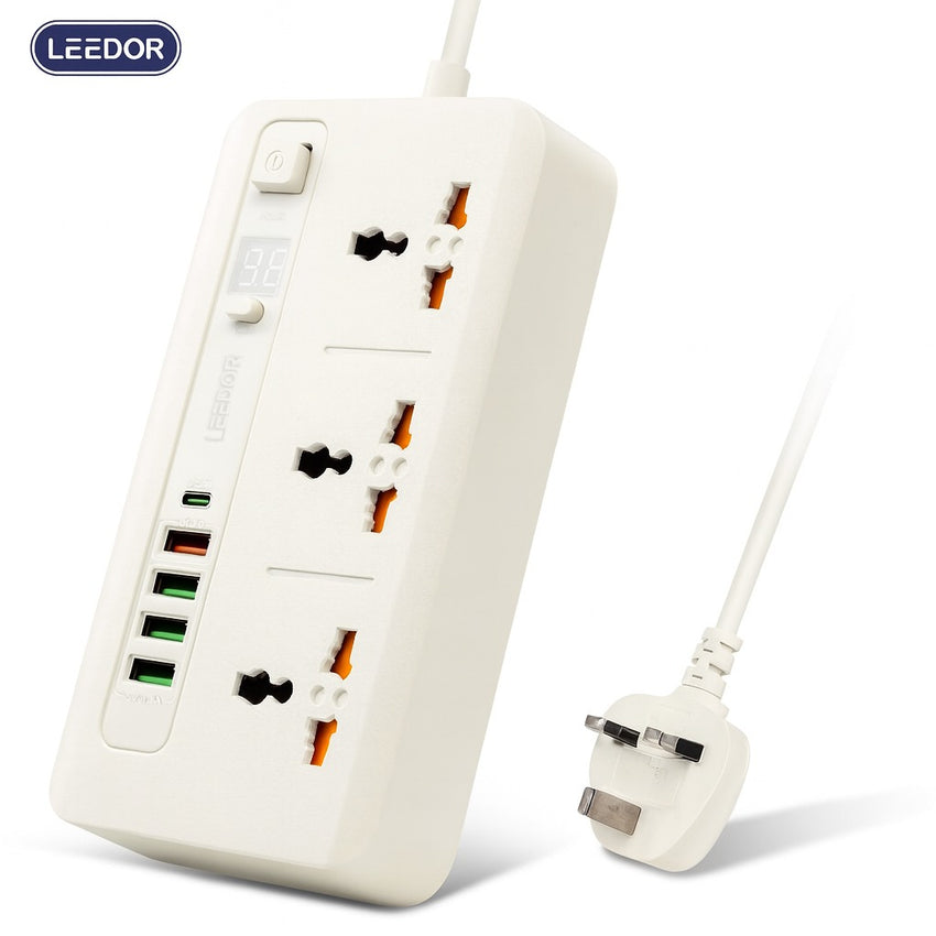 LEEDOR LD-401PD Extension Sockets - 3 Way / 2 Meters / 4x USB Ports / 1 x USB Type-C / White